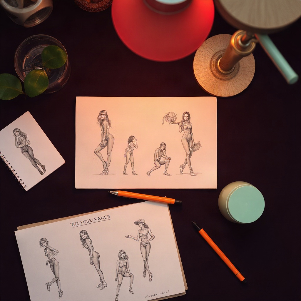 Pose reference notes on desk