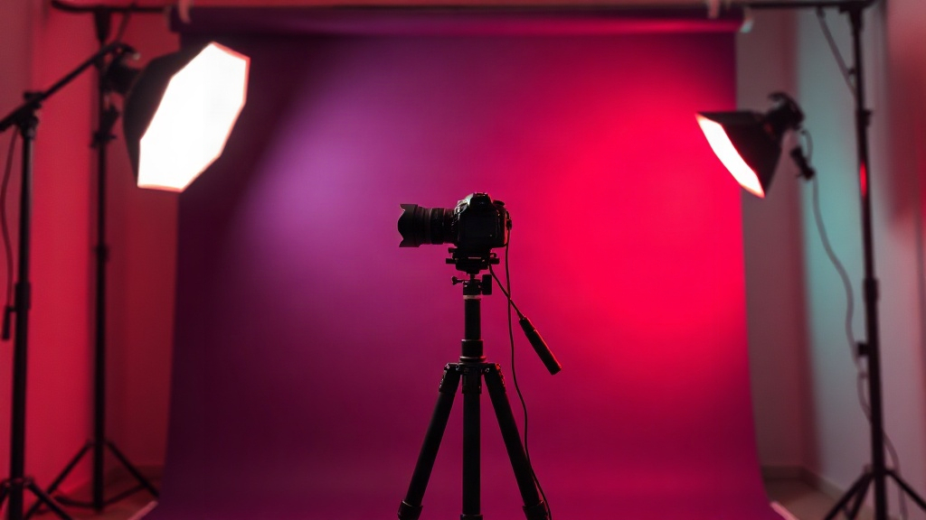 Studio portrait lighting with coral and mint accents